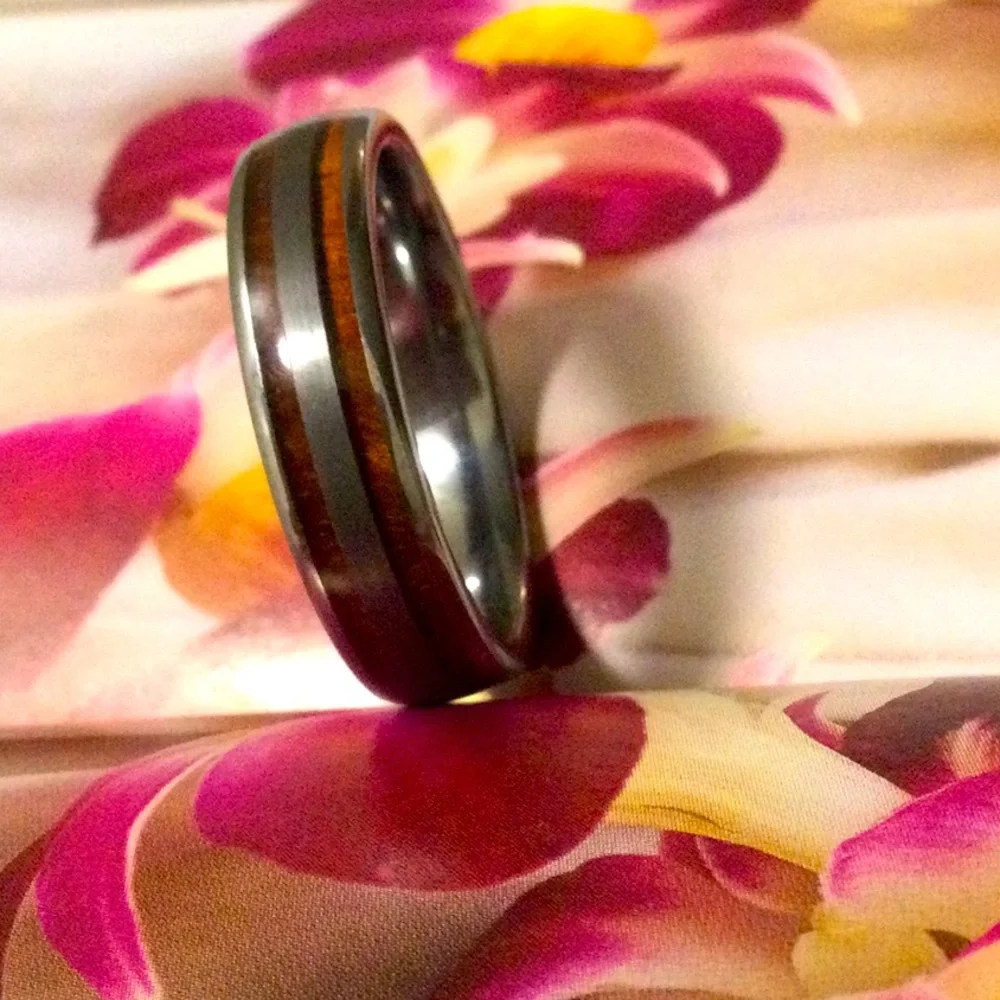 Big Sale,Koa Wood and Abolani inlaid with Tungsten’s ring.8MM Size 12”